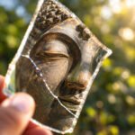 Présence à Soi Visage de Bouddha reflété dans un miroir fissuré, évoquant les illusions du chemin spirituel